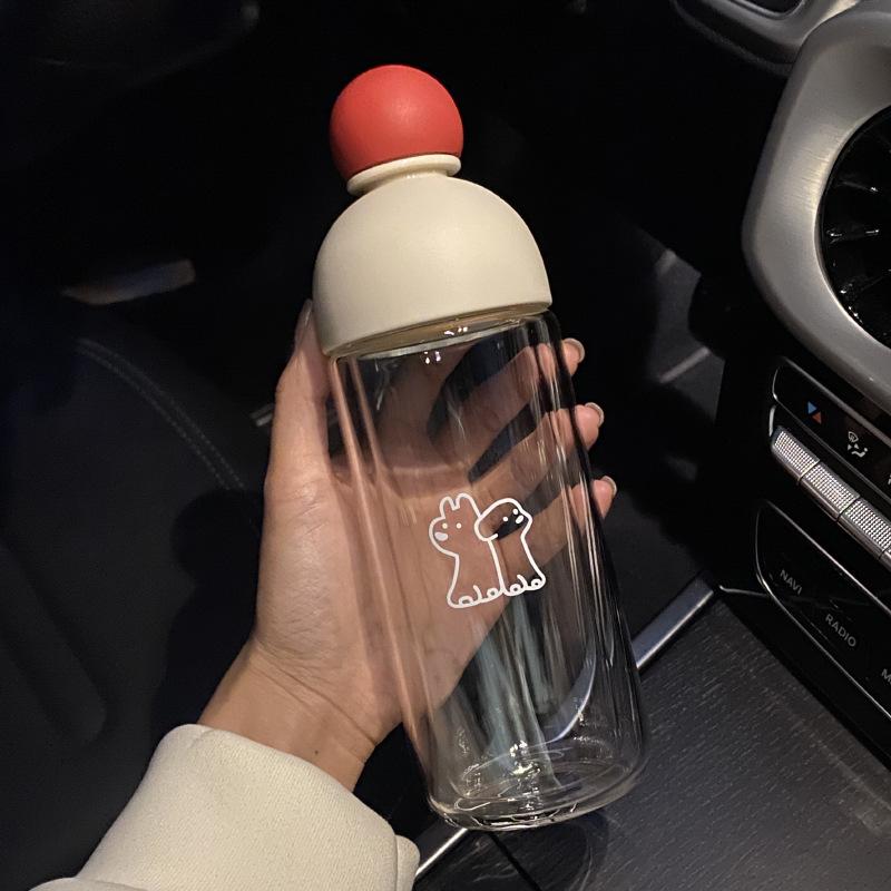 Niche New Year'S Christmas Puppy Red Nose Double-Layer Glass High Temperature Resistant Sealed Water Cup Car Carry-On Cup Gift