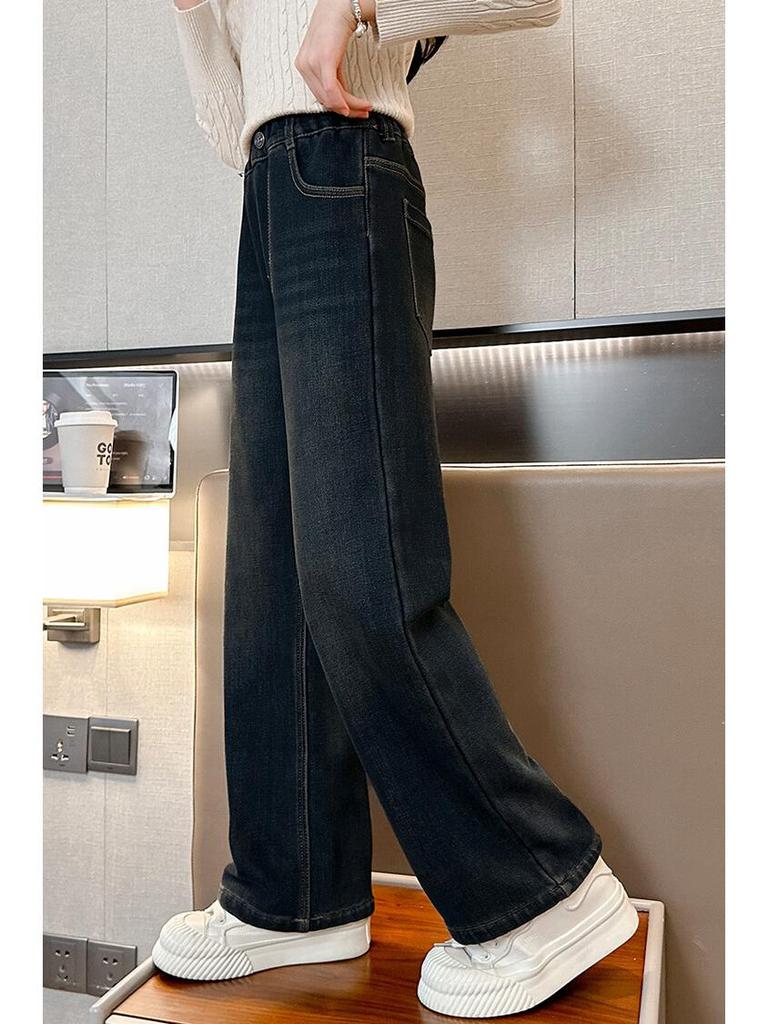 Girls' Plush Velvet Wide-Leg Jeans - Autumn/Winter 2025 Collection