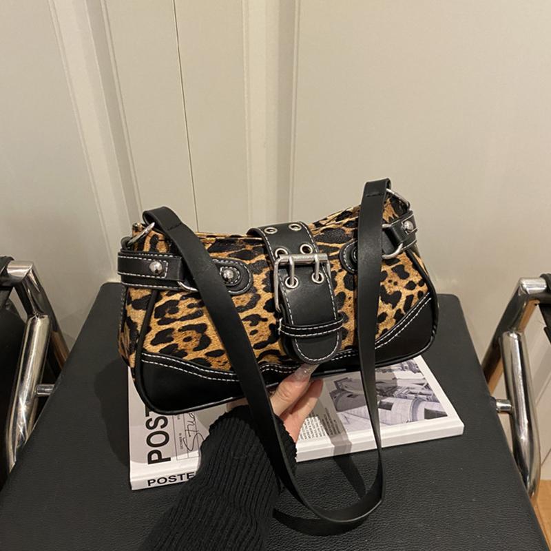 Retro Belt Buckle Leopard Print Casual Single Shoulder Autumn Winter New Style Fashion Rivet Large Capacity Underarm Bag. KTB