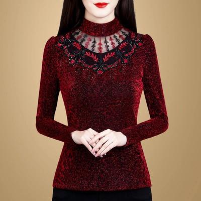 Nuevo Estilo de Moda de Primavera y Otoño Cuello Alto Encaje Calado Abalorios Jacquard Ajustado Versátil Camiseta de Manga Larga Mujer