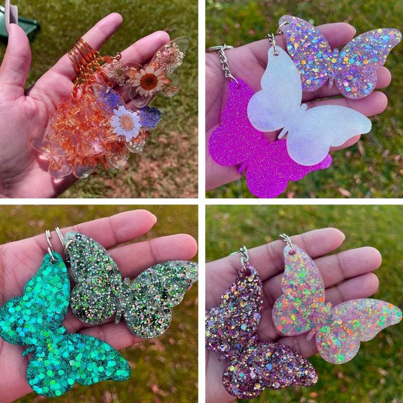 Super Shiny for Butterfly Shape Silicone Keychain Mold with Hole Resin Earrings Pendant Mold with Keyrings Set for Ornam