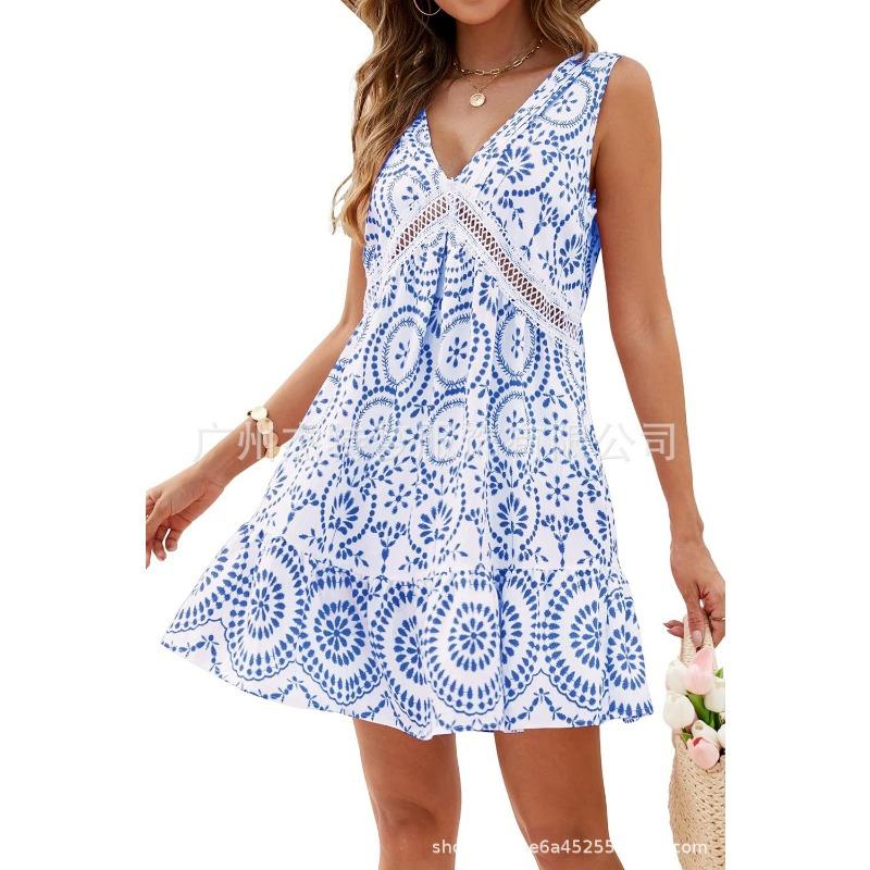 Vestido feminino primavera/verão elegante estampado renda vazada decote em v sem mangas