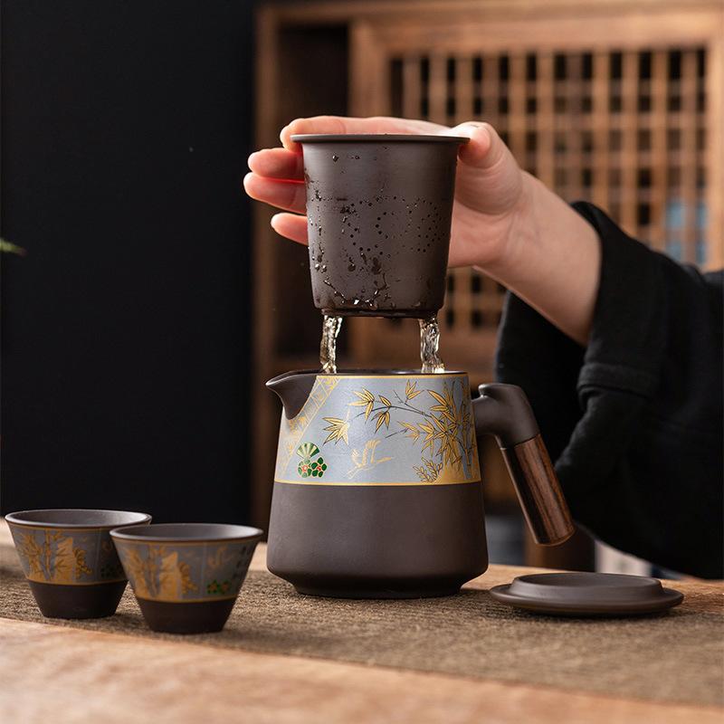 Purple sand travel tea set Kuaike teacup, one pot and four cups, outdoor portable, high-end retro light luxury business gifts