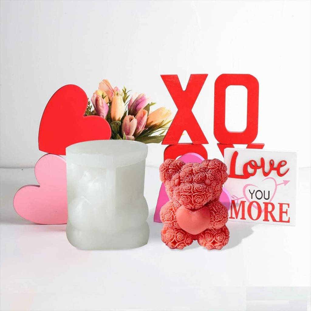 Zayookey Rose Bear Shape Candle Mold, Love Bear Soap Silicone Molds, Candle Epoxy Mold Resin Casting Mould for DIY Candle Making Aromatherapy Wax