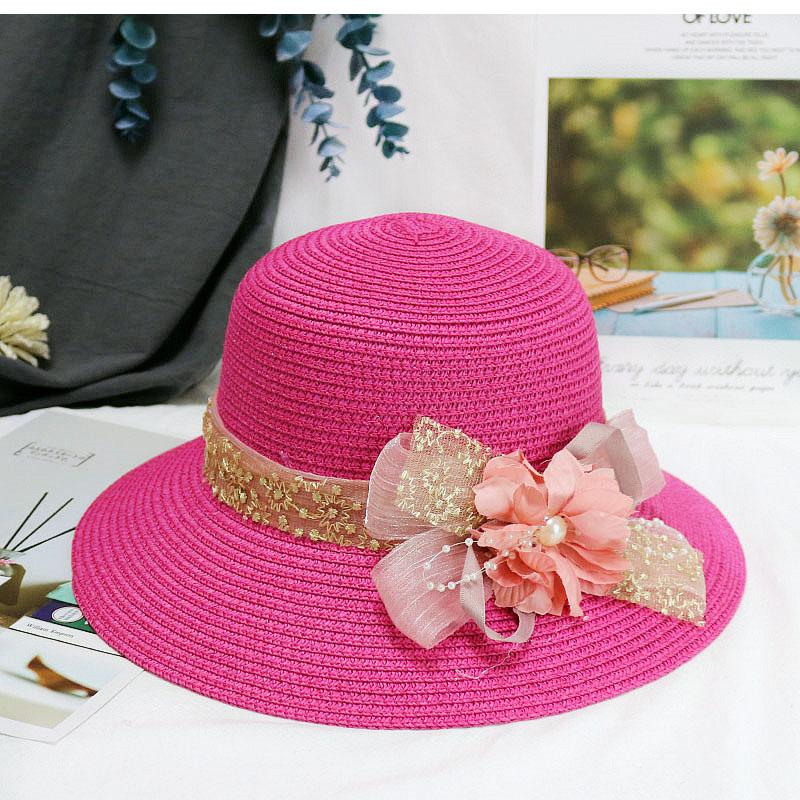 Fashion Women Summer New Women's Sun Hat Bucket Cap Beige Lace Bowknot Flowers Ribbon Flat Top Straw Hat Beach Caps Panama Gift