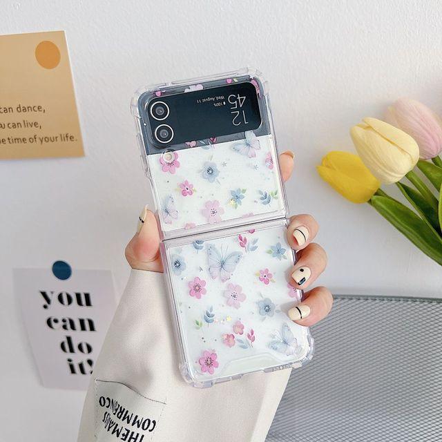 For Samsung Z Flip 4 Case Flash Flower Transparent Folding Phone Case For Samsung Z Flip 3 5g Zflip4 Shockproof Hard Back Cover