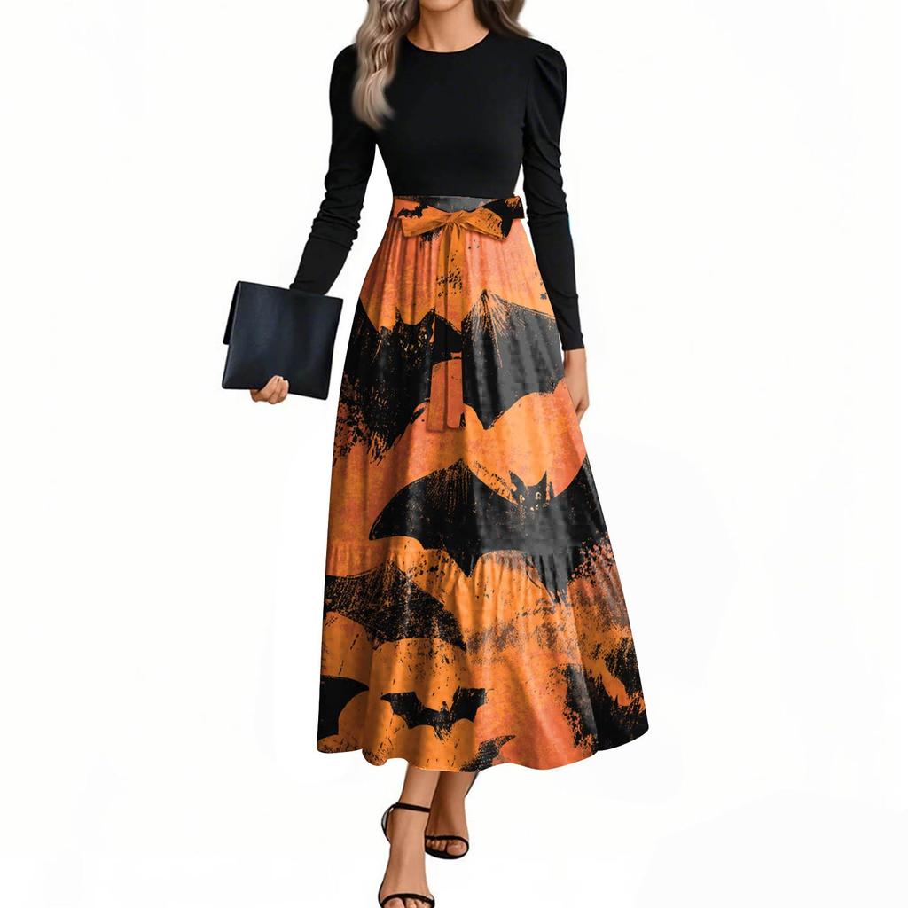Women's Fashion Casual Belted Long Sleeve Round Neck Halloween Printed Elegant Temperament Dresses