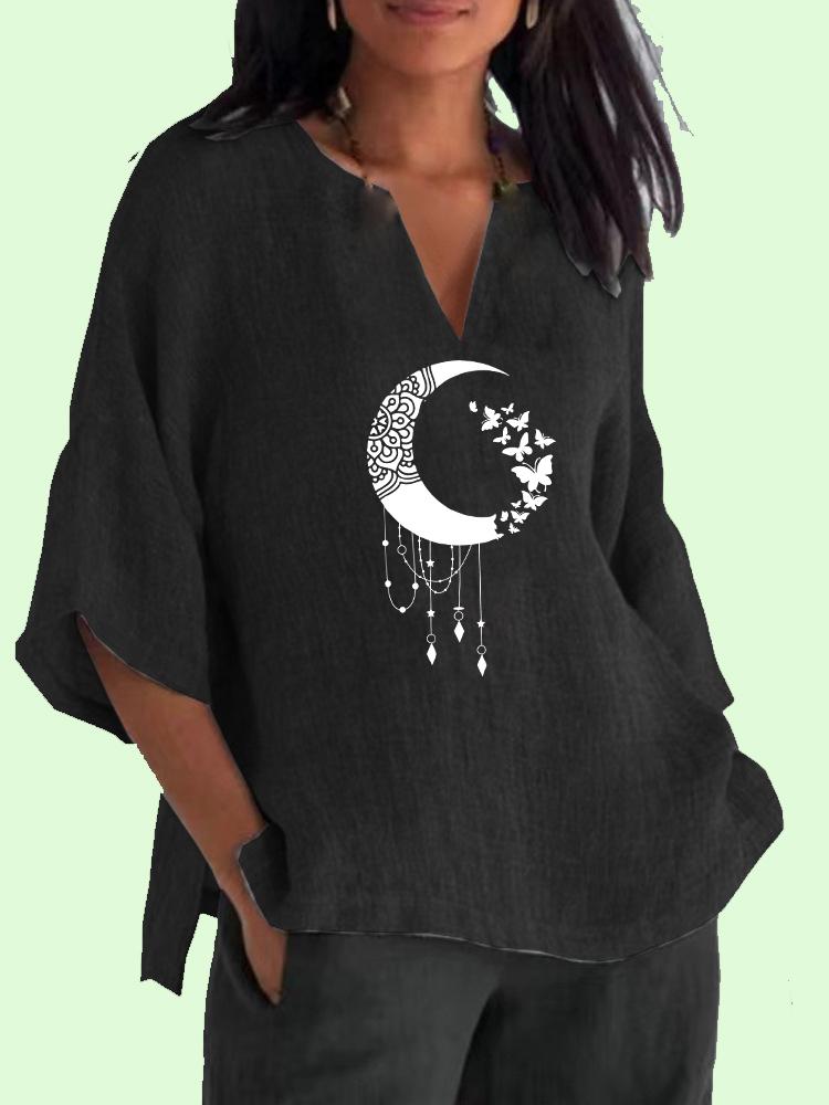 

Женские модные хлопковые льняные блузки больших размеров с v-образным вырезом, рубашка с длинными рукавами 3/4, женский повседневный пуловер с принтом, свободный топ