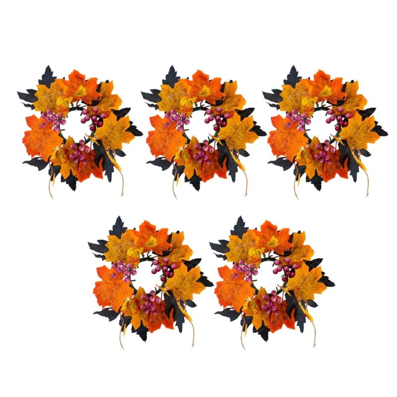 Fall Maple Leaf Candle Wreaths Pack of 5 Tealight Candle Holders Rings for Halloween Parties Table Centerpieces Decors