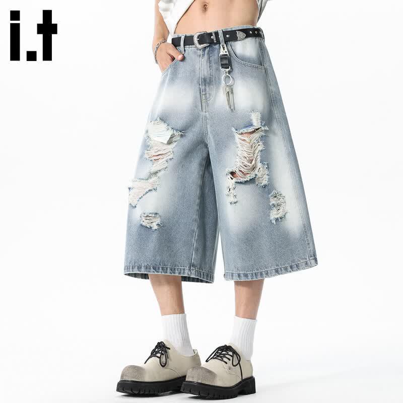 CHOCOOLATEit Men s Light Blue Ripped Wide-Leg Cropped Denim Shorts XL