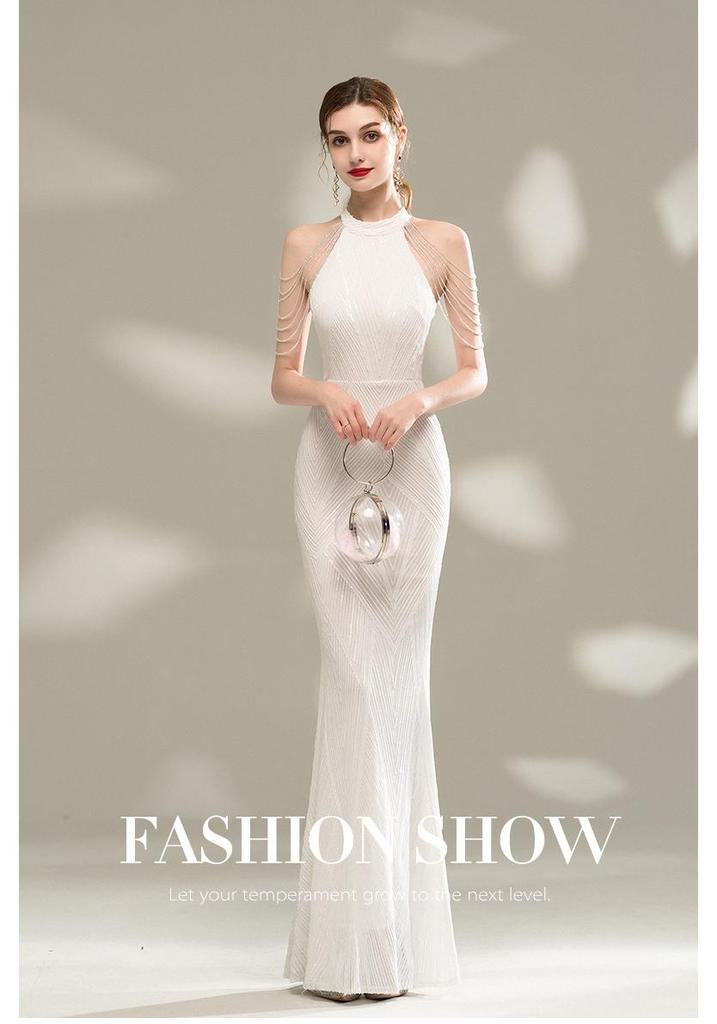 Elegant White Luxury Evening Gown for Women, Banquet & Event Host, Tassel Mermaid Slim Fit