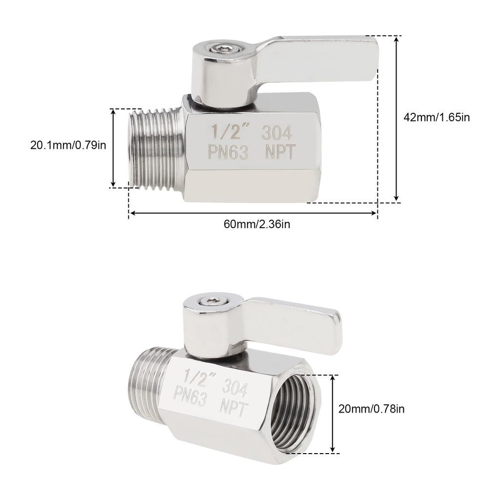 1/2 Inch Female X Male NPT Thread 304 Stainless Steel Mini Ball Valve Shut-off Valve Shower Head Flow Control Valve for Pipe / Bathroom