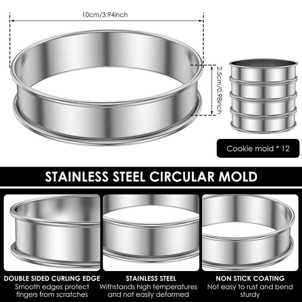 12Pcs English Muffin Ring Stainless Steel Crumpet Rings Nonstick Tart Rings Double Rolled Muffin Tart Rings Crumpet Ring Molds