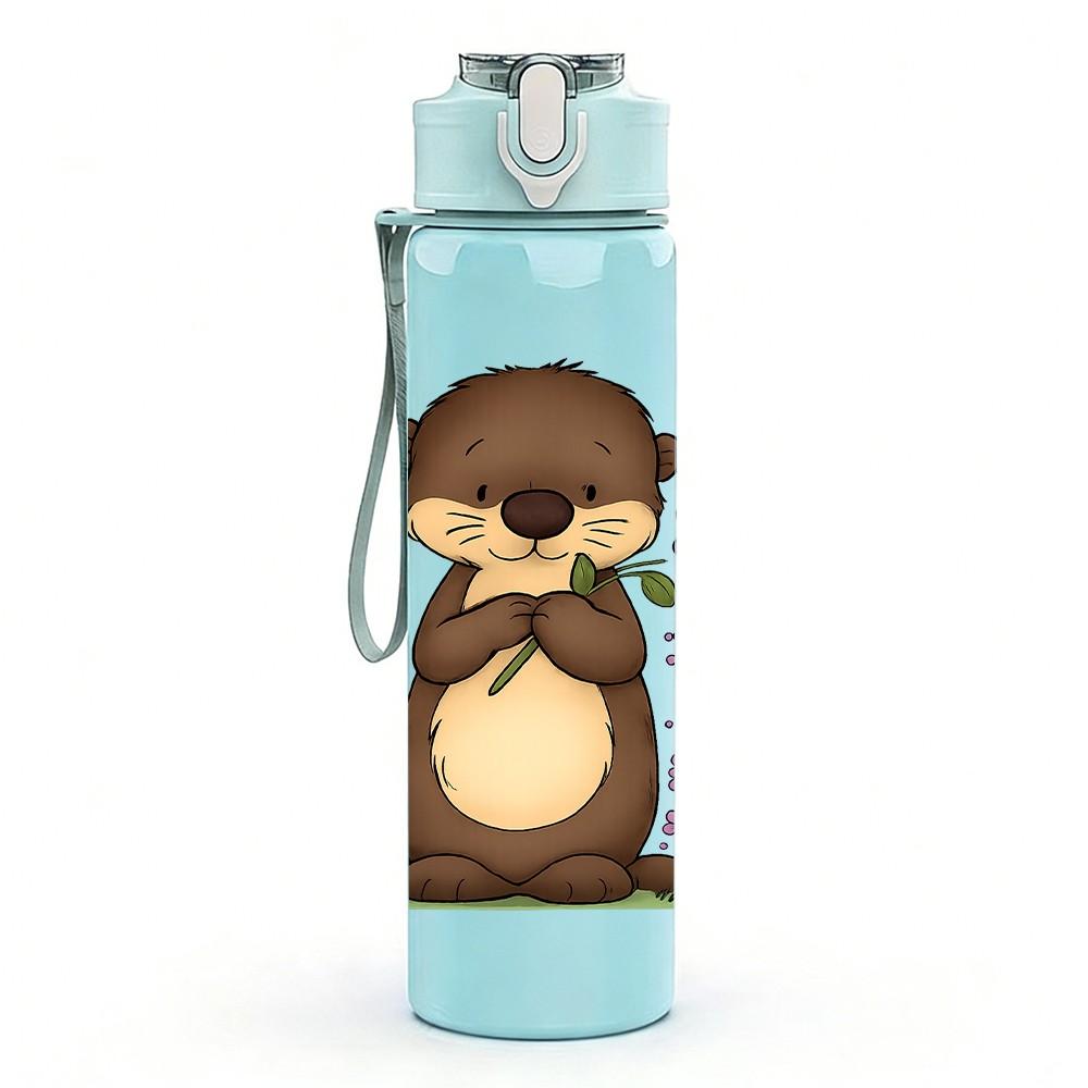1PC Floral Brown Otter 750ml Color Plastic Sports Water Bottle Leakproof Flip Straw Lid Suitable for Sports Office Home Use