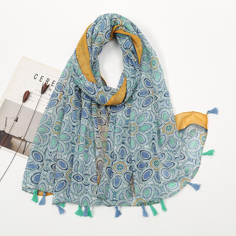 New Printed Soft Linen Cotton Scarf Shawls Women Muslim Hijabs Premium Foulard Femme Long Fresh Floral Tassel Scarves Echarpe