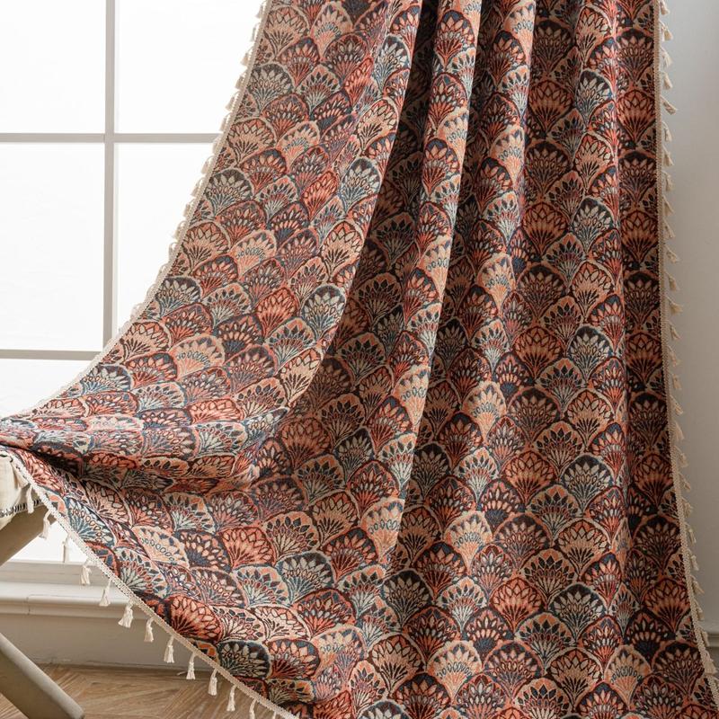 Farmhouse Rustic Ginkgo Leaf Jacquard Curtains Tassel Decor Semi-blackout Finished Window Drapes Bedroom Dining Room Home Decor