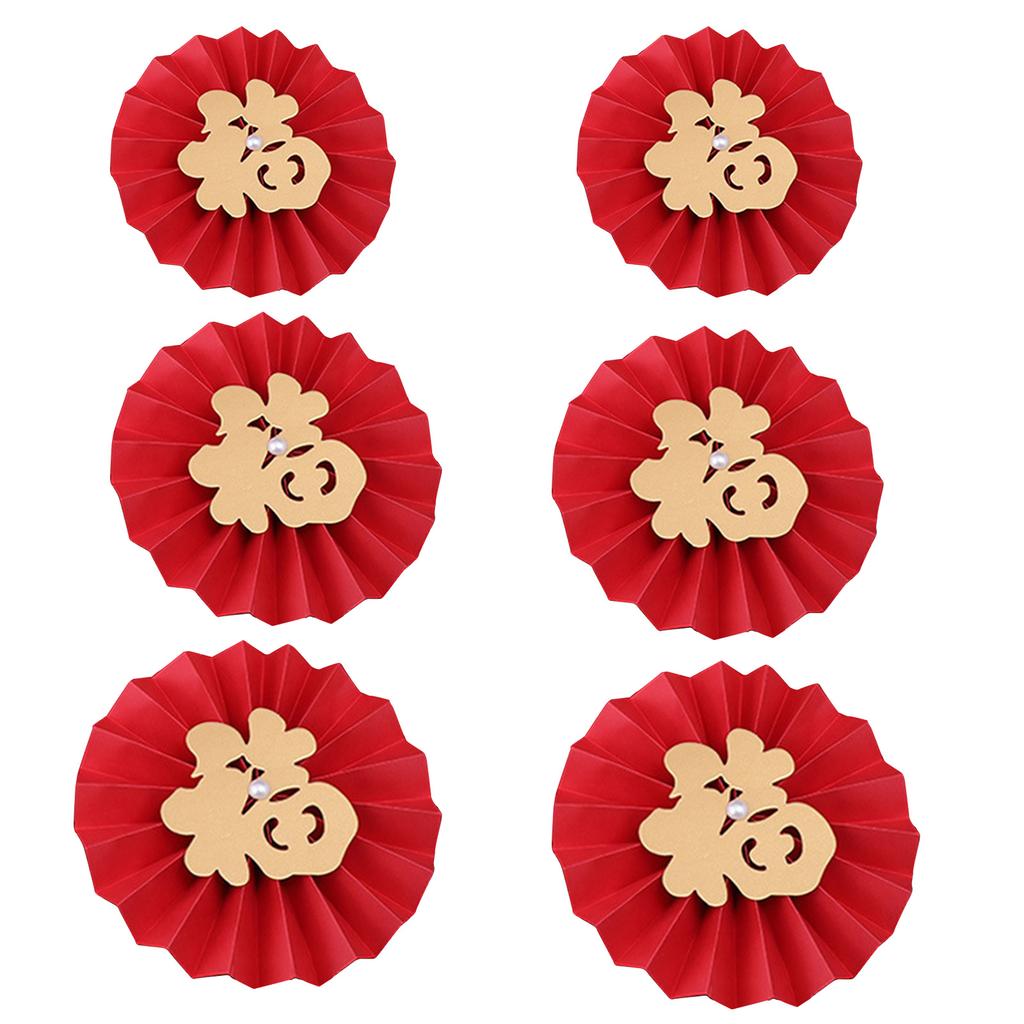 6pcs FU Character Wall Clings Decorative Fu Hanging Paper Fan for Festival Wedding Birthday Party Calligraphy Style