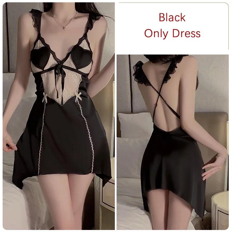 Summer Sexy Women's Nightgown with Bra Padded Deep V Neck Lace Satin Backless Nightgown for Women