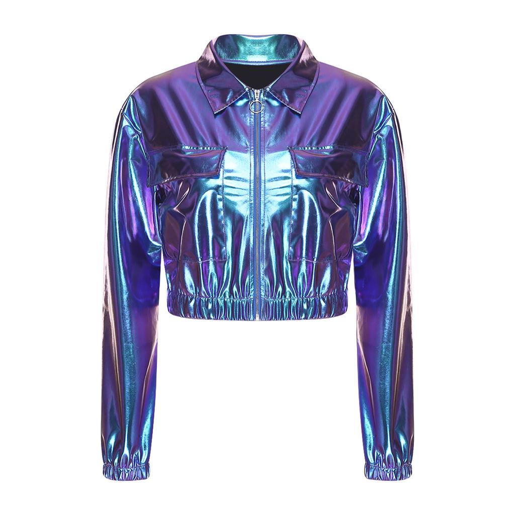 Womens Metallic Shiny Cropped Jacket Lapel Long Sleeve Front Zipper Biker Jacket