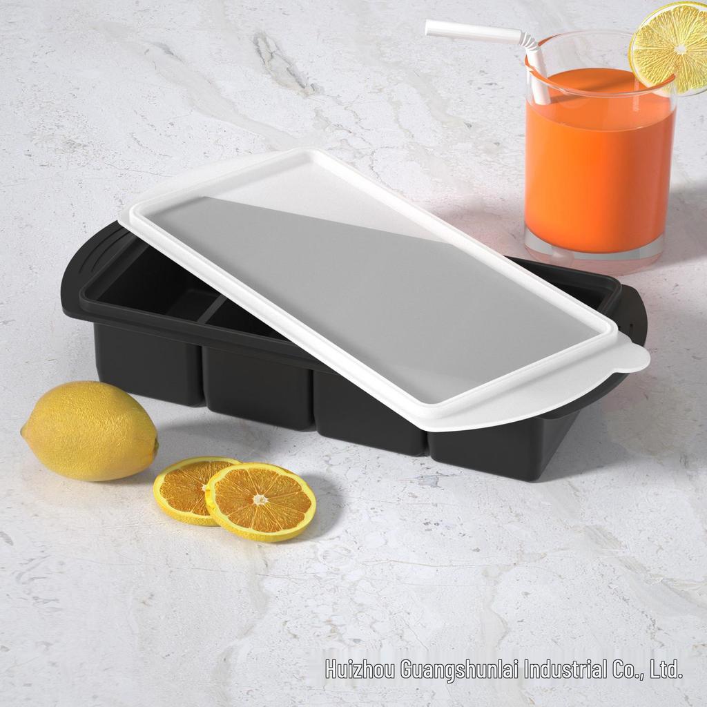 Silicone Ice Cube Tray with Lid: 4-Grid Frozen Soup & Food Storage Box