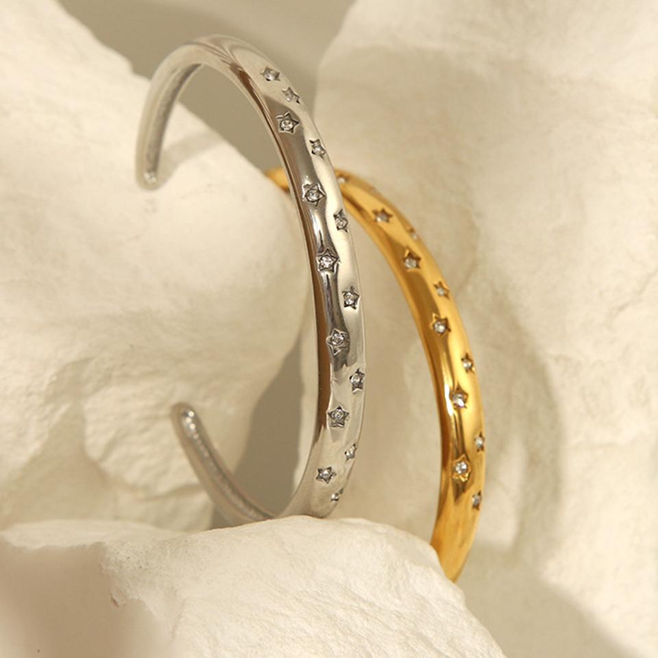 ZAKOL 18K Gold Plated Stainless Steel Open Bangle Bracelet With CZ Versatile High Quality Non Fading Cuff Bangles Zircon Gift