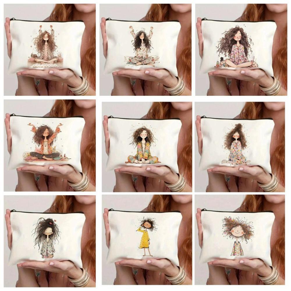 Durable Vintage Style Makeup Bag Cute Girl Pattern Foldable Storage Bag Lightweight Zipper Toiletry Bag Travel