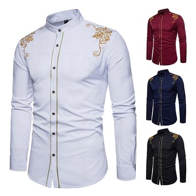 New Men's Simple Embroidered Shirt with Lapel Men's Retro Long Sleeved Slim Fitting Shirt