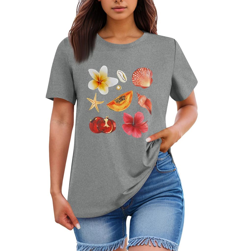 Ladies' Loose Comfortable Casual Fashionable  Fruit And Flower Pattern Printed Round Neck Short Sleeved Shirt