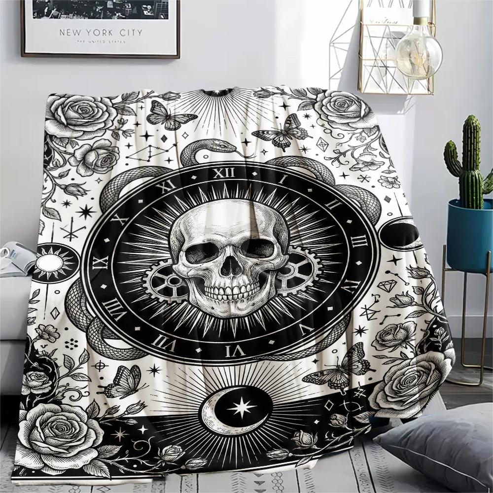 Skull Gothic Print Flannel Blanket, High Quality Comfortable for All Seasons, Home Decor, Warmth and Comfort, Perfect for Christmas Gifts102