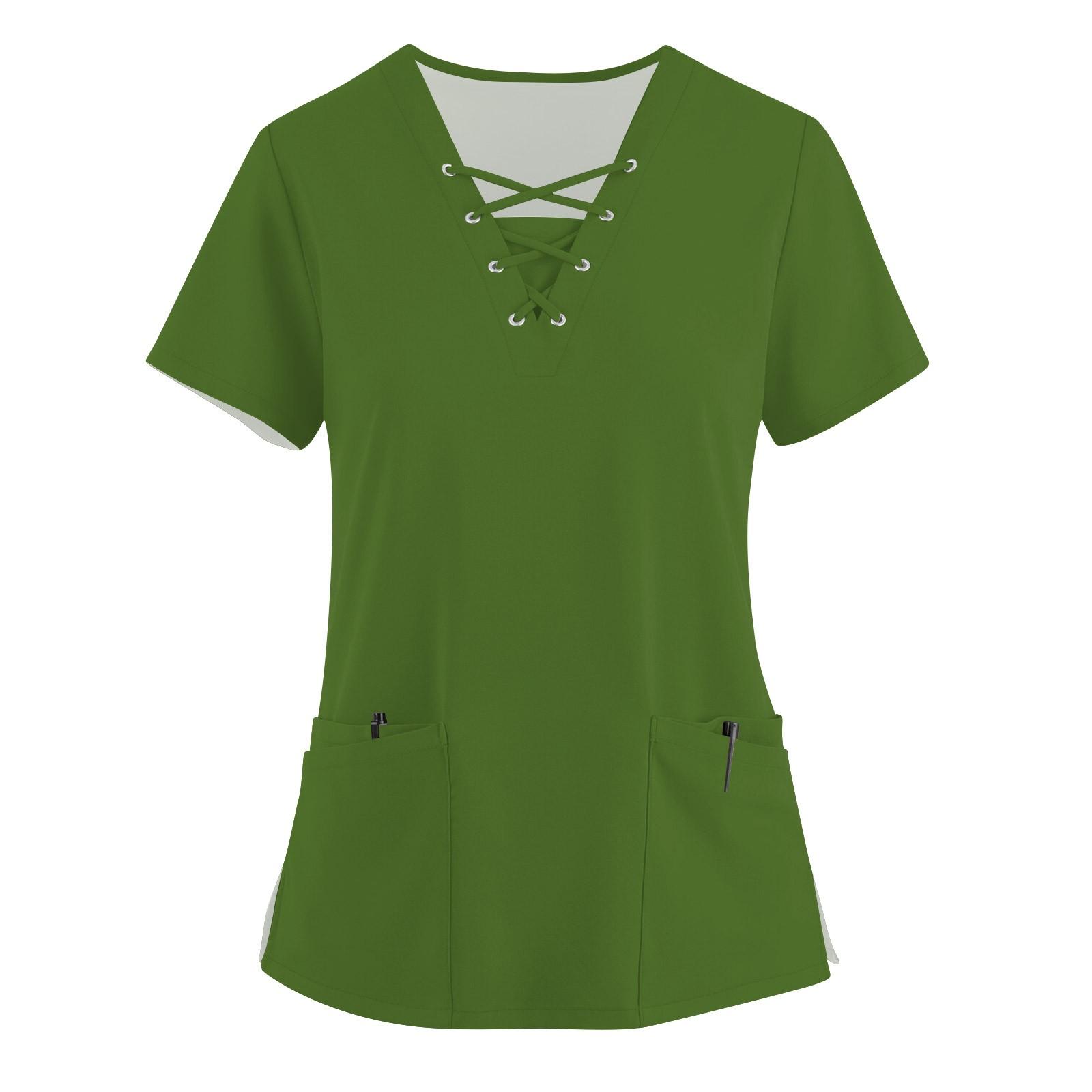 

Женская модная рабочая одежда с v-образным вырезом и короткими рукавами, однотонные топы с завязками и карманами и защитная одежда XXXXXL армия зеленый