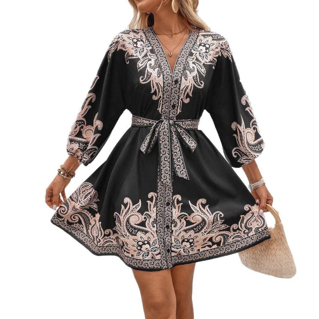 A New Summer Women's Dress with A Printed V-neck and Three-quarter Sleeves, Tied and Cinched Waist