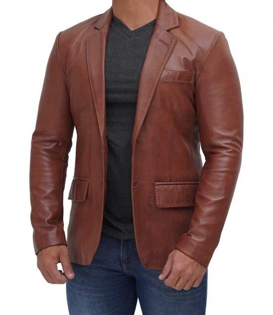 Business Party Brown Lambskin Handmade Formal Stylish 100% Leather Men Blazer