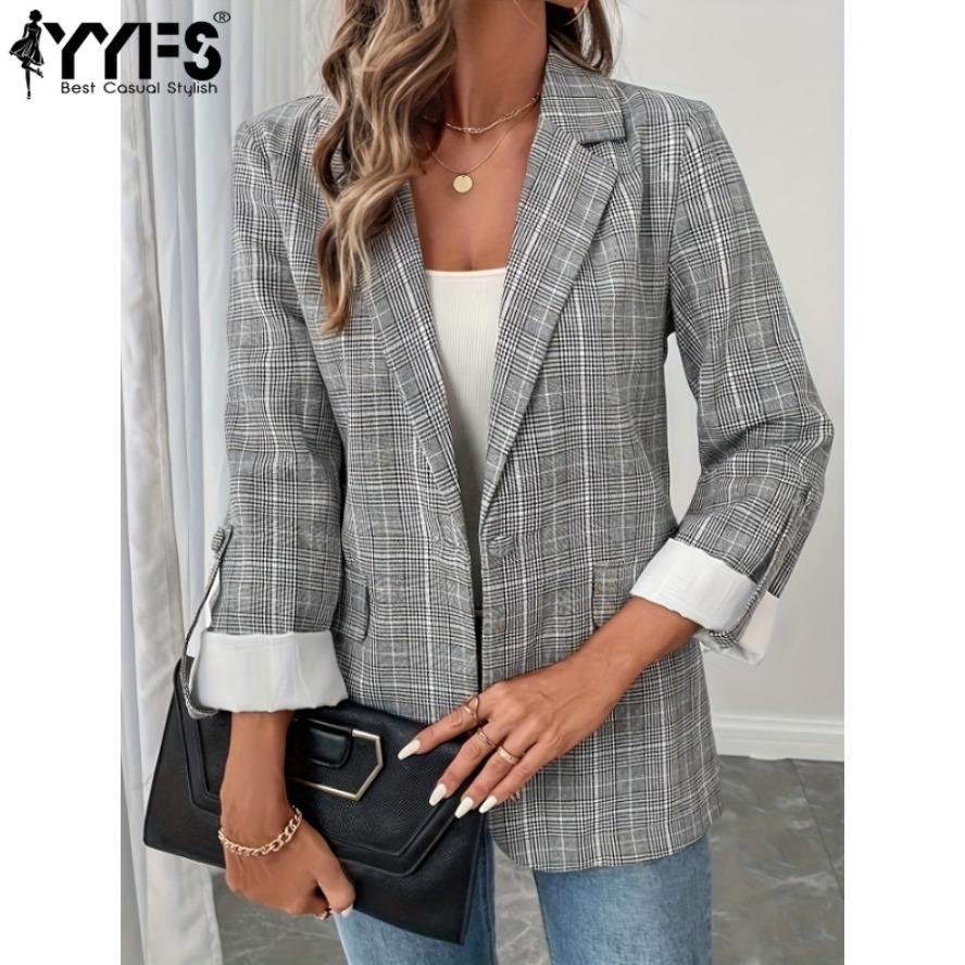 YYFS Women's Fashion Casual Plaid Print Autumn Winter Long Sleeve POLO Neck Jackets & Coats