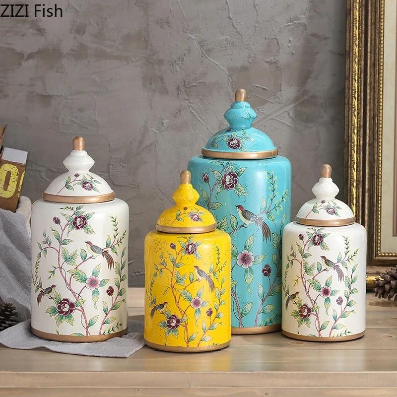Vintage European Flower and Bird Ceramic Storage Jar Vase Decoration Porcelain Art Crafts Tea Coffee Beans Candy Storage Jar New