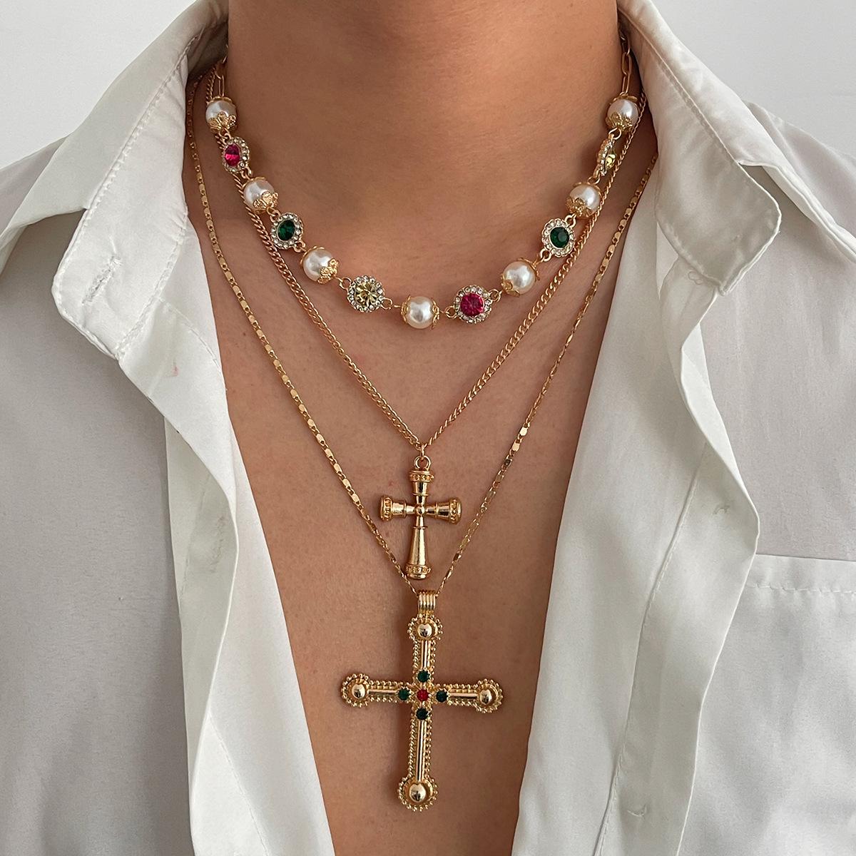 3Pcs/Set Punk Colorful Crystal Cross Pendant Necklace for Men Women Vintage Long Luxury Zircon Inlay Clavicle Statement Zircon