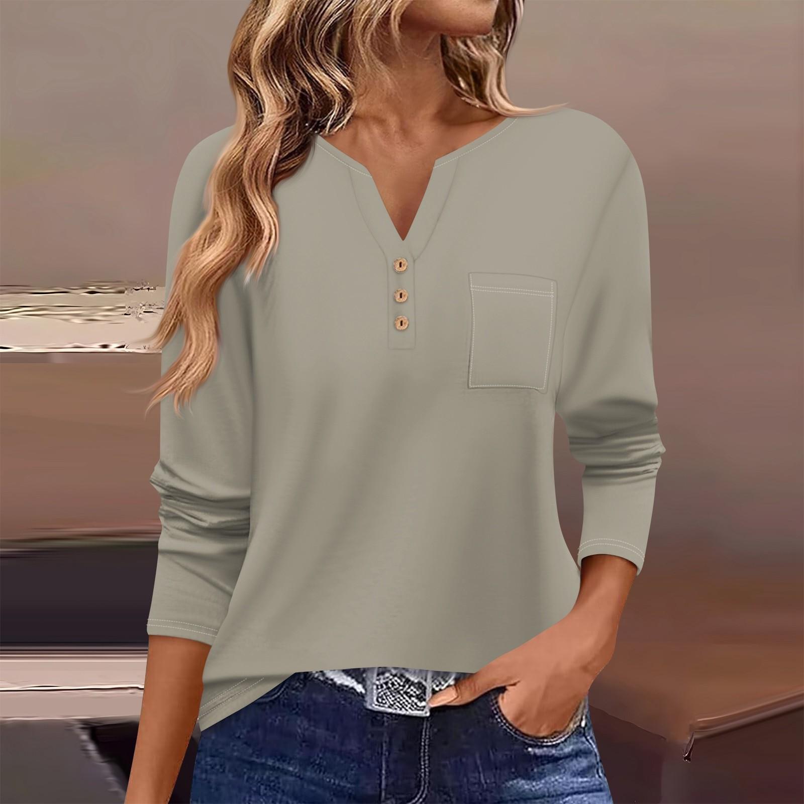 

Женская футболка с длинным рукавом на пуговицах, повседневная, выходного дня, модная, базовая, с V-образным вырезом, обычная, с карманом M
