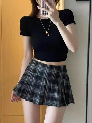 Korean-Style Black Plaid A-Line Pleated Short Skirt for Women - Versatile Summer Fashion