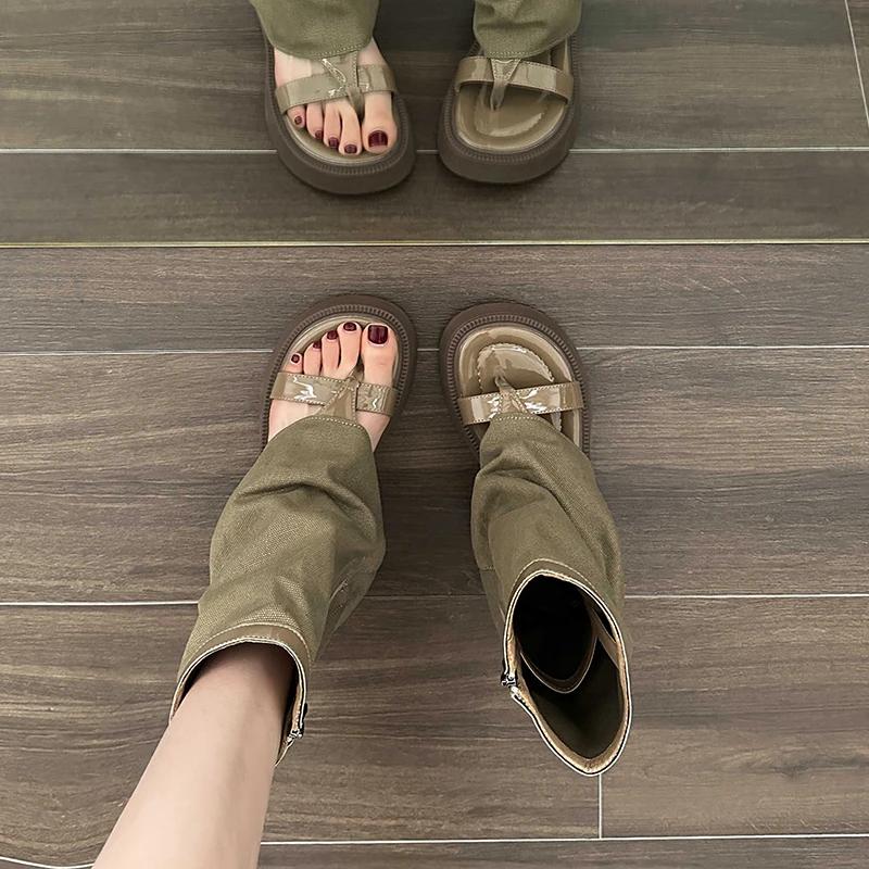 2025 Summer Women's Platform Ankle Boots Retro Thong Sandals with Side Zip Pull-On Design for Casual Outdoor & Daily Fashion