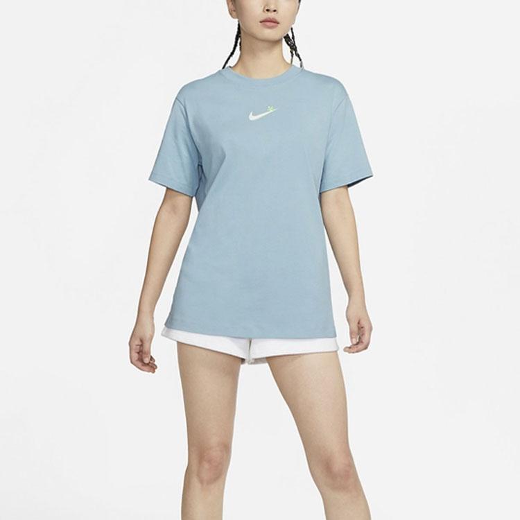 Nike Embroidered Logo Casual Round Neck Drop Shoulder T-Shirt Women Tops Light-Blue DR8998-494