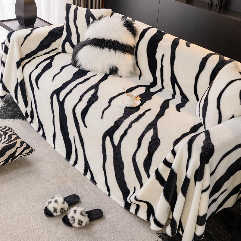 Zebra Print Rabbit Plush Sofa Towel Autumn and Winter All-inclusive Non-slip Living Room Cushion High-end Cover Cloth Thickened Winter Blanket