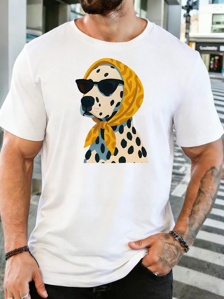 Unisex Stylish Dalmatian Dog Sunglasses Scarf Print Cotton Short Sleeve Tee Crew Neck Soft Male Summer Casual Breathable Street Top