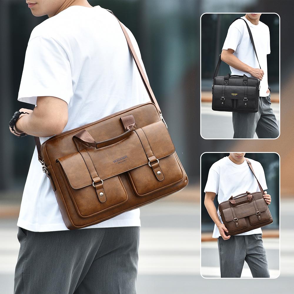 WEIXIER Men's Leather Briefcase 15.6 Inch Laptop Computer Bag Large Satchel Messenger Crossbody Shoulder Bag for Office Business Adjustable Strap