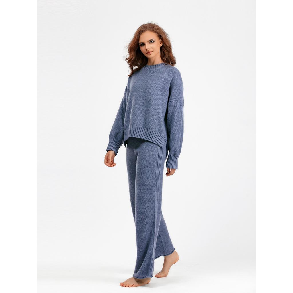 Autumn and Winter New Fashion Casual Knitted Set Pants Women's Edition Loose Sweater Wide Leg Pants Two Piece Set