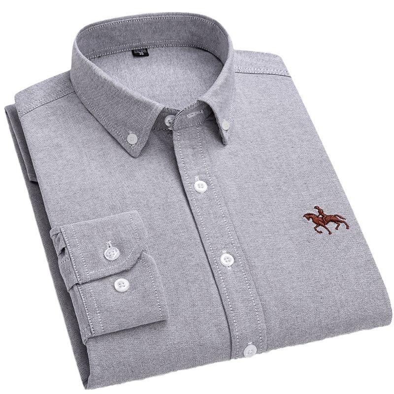 Men's Pure Cotton Embroidered Oxford Shirt - Long Sleeve, Solid Color, Spring/Autumn Business Casual
