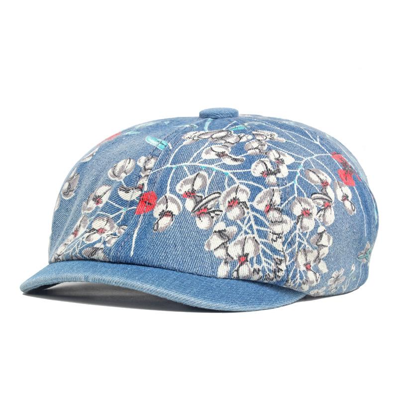 

Берет женский джинсовый принт с цветочным принтом восьмиугольная шляпа расписная шляпа британская шляпа вперед кепка газетчика синий