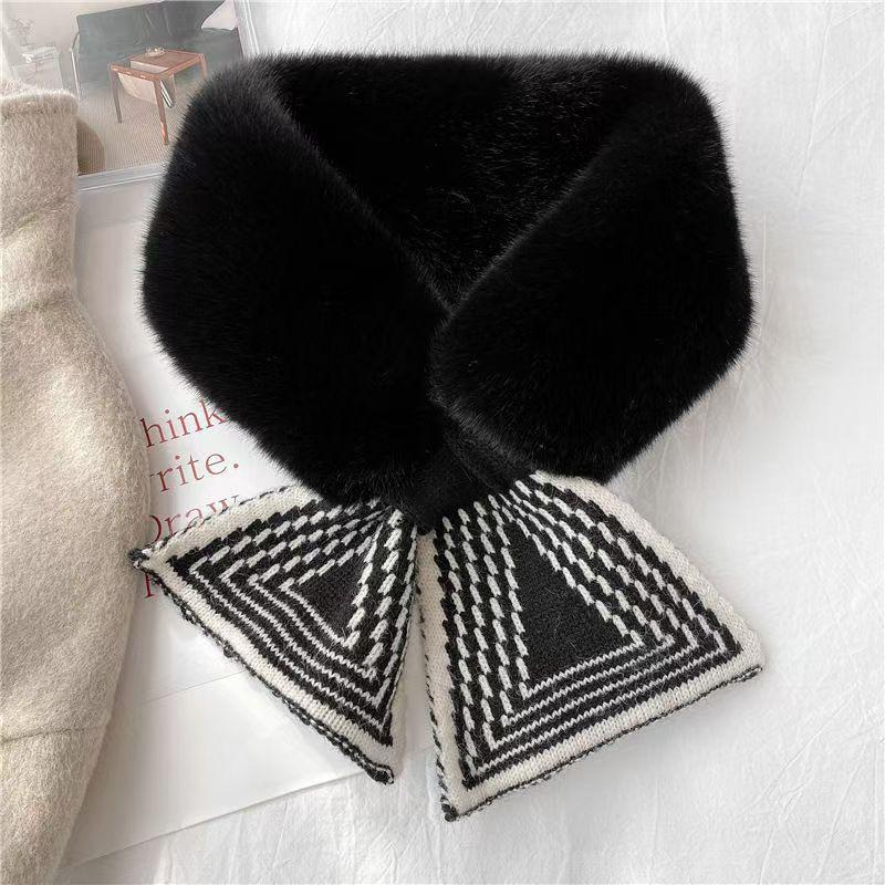 Women Winter Warm Thicken Cross Collar Neck Warmer Solid Color Faux Rabbit Fur Plush Elegant Knitted Shawl Scarfs