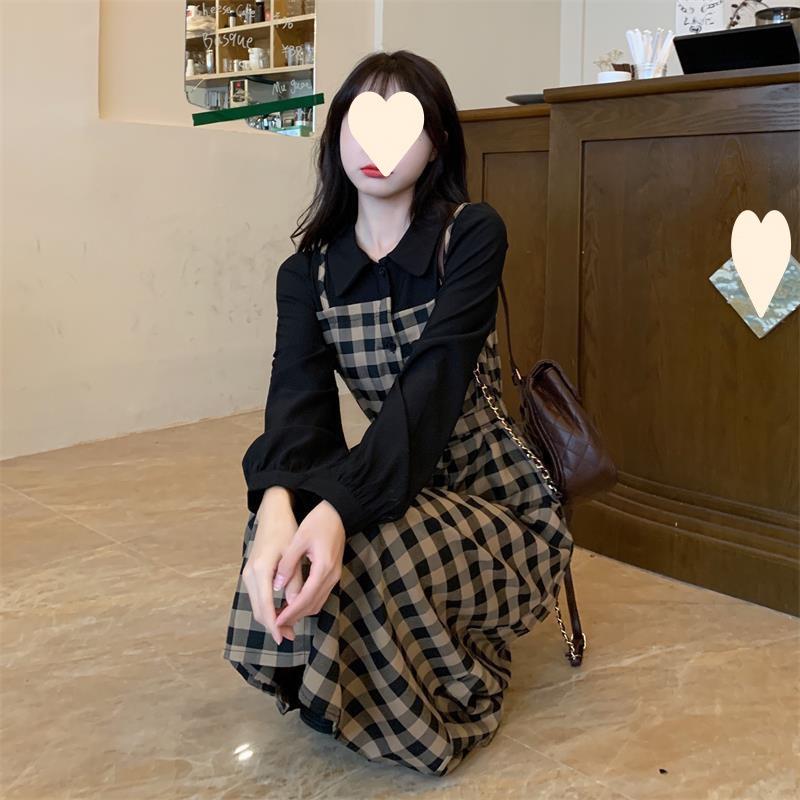 Autumn and Winter New Retro Plaid Fake Two-piece Fashion Versatile Age-reducing Dress Small Long-sleeved Dress