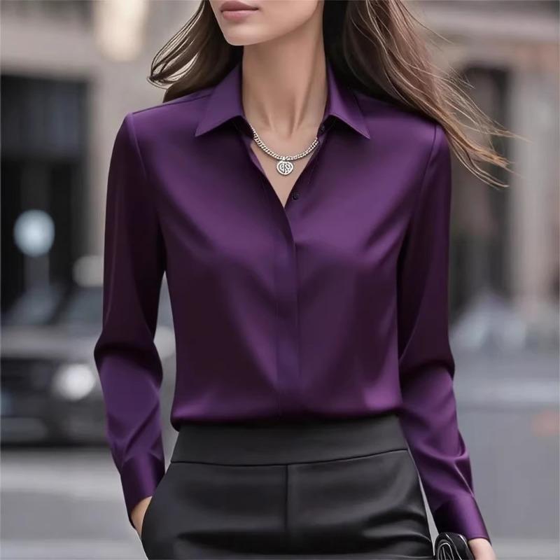 Autumn New Solid Color Long-sleeved Lapel Satin Fashion Versatile Shirt for Women