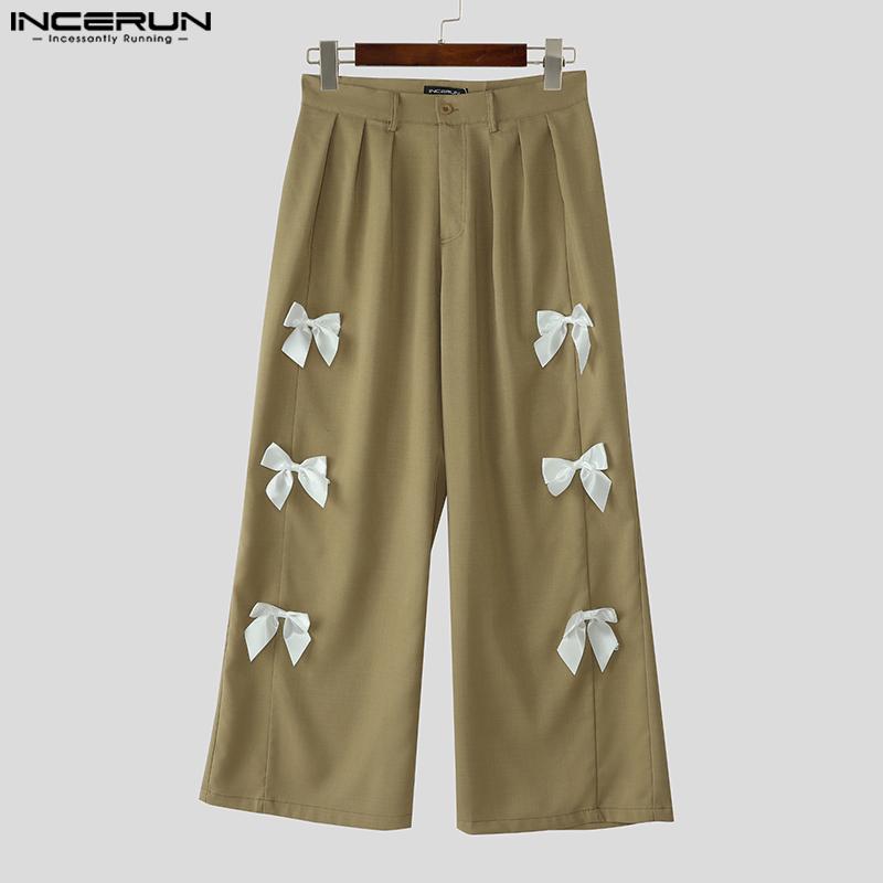 INCERUN Men High Zip-up Waist Bow Knot Casual Wide Legs Pants Trousers