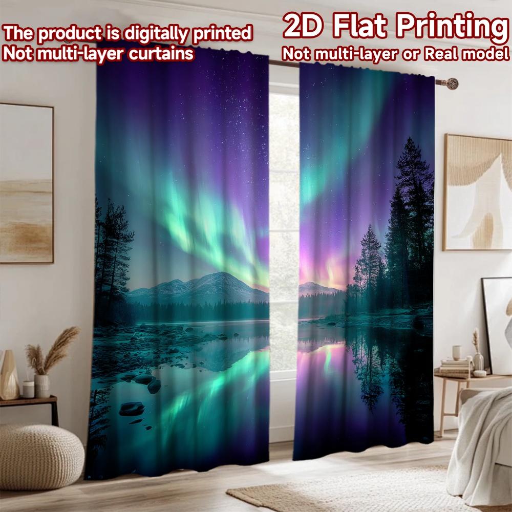 2D Flat Printing 2pcs Window Treatment Curtains Aurora Night Lake Trees Digital Printed Polyester Drapes Birthday Party Use for